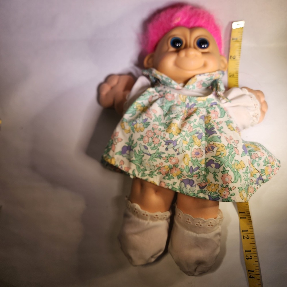 Russ Berrie Troll Plush Floral Dress Pink Hair Soft Body 12" Vintage - Picture 6 of 6